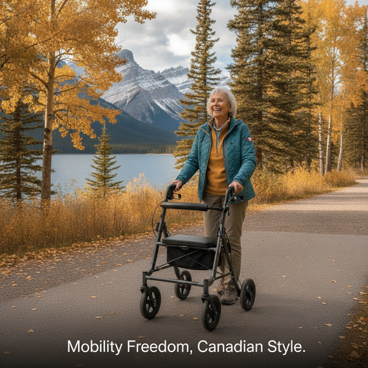 A smiling senior woman confidently uses a modern lightweight rollator on a scenic Canadian park path, embodying mobility freedom. Image for 'The 5 Best Lightweight Rollator Walkers for Seniors in Canada'.
