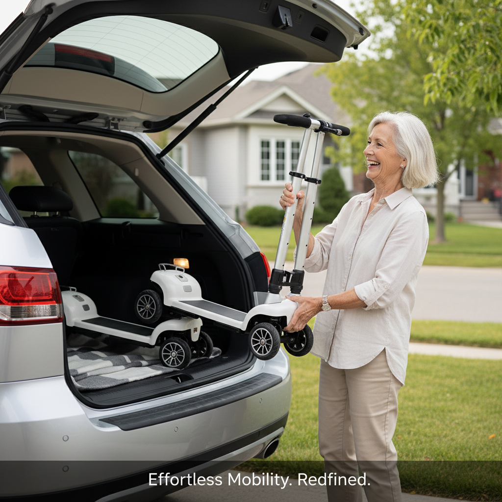 Smiling senior woman easily lifts a split ATTO mobility scooter half into a car trunk, highlighting its lightweight, two-part design for effortless portability and independence, as discussed in the Canadian buyer's guide.