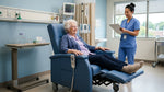 Senior relaxing in a power automatic recliner chair with remote control in hand