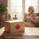 A neatly packaged box with a Canadian maple leaf on a table in a bright home, symbolizing buying medical supplies online in Canada. A blurred figure in the background suggests convenience and trust, contrasting online vs local stores.