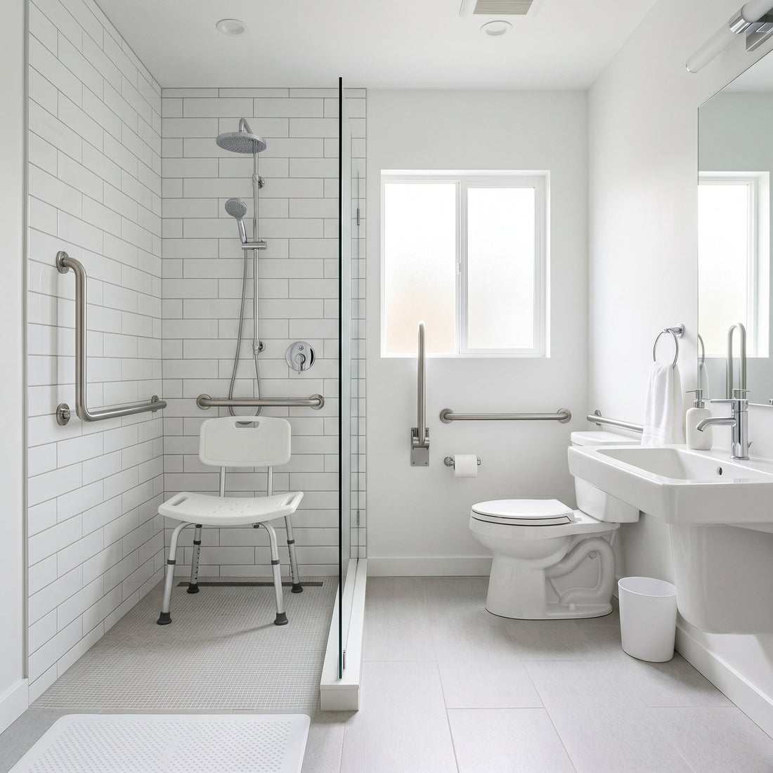 Modern accessible bathroom for seniors featuring grab bars, raised toilet seat, and shower chair