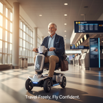 A senior on a modern mobility scooter in a bright airport terminal, with the headline "Travel Freely, Fly Confidently." This image illustrates flying with a mobility scooter in Canada, covering Air Canada & WestJet policies.
