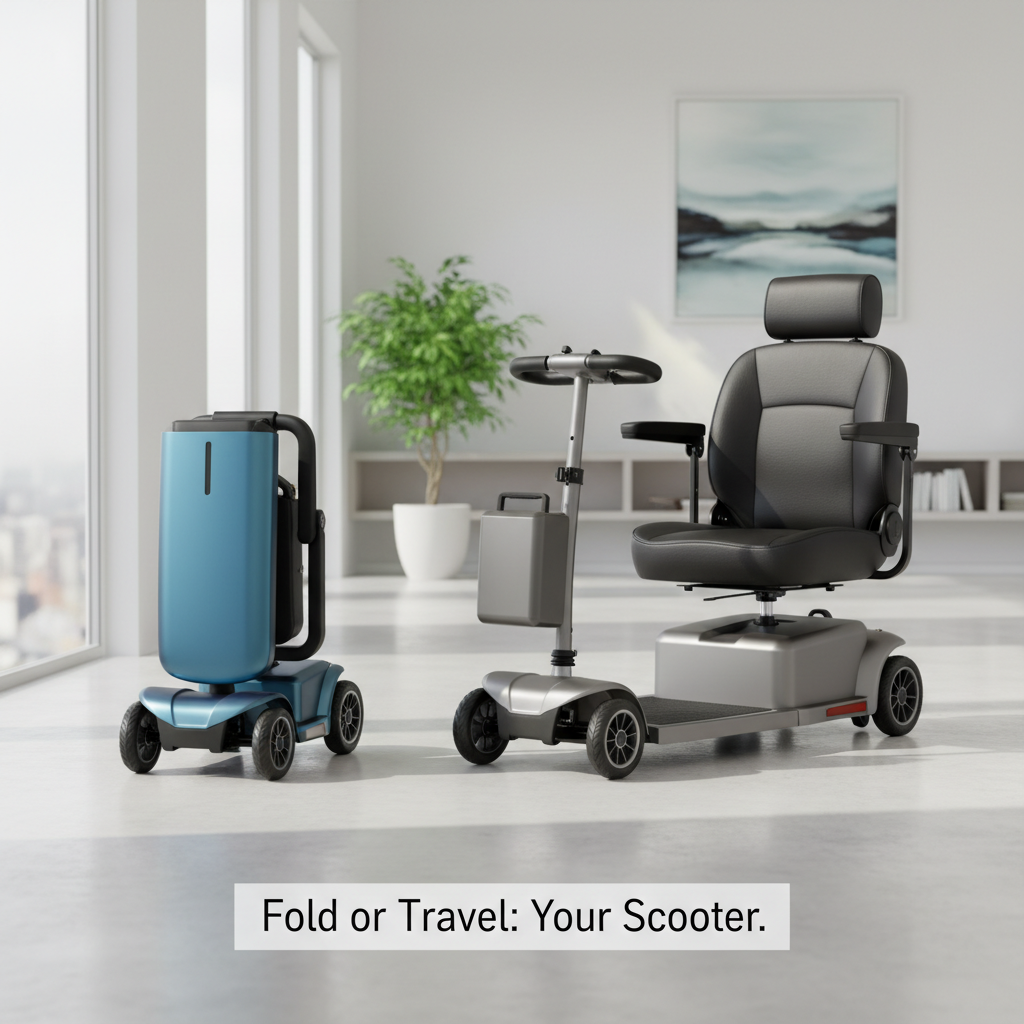 Two portable mobility scooters, one folded and one disassembled, illustrating the choice between folding vs. travel scooters for mobility aid. A guide to choosing the right one.