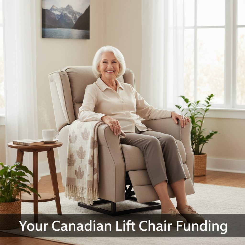 An older Canadian adult comfortably seated in a modern lift chair in a bright living room, with the headline "Your Canadian Lift Chair Funding". Illustrates a guide to lift chair funding and financial assistance in Canada.