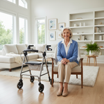 Senior Canadian woman with mobility walker in bright modern home — home healthcare solutions for aging in place