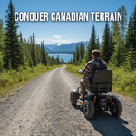 Heavy-duty all-terrain mobility scooter on a Canadian gravel path, showcasing robust design for rough terrain and independence. The Ultimate Canadian Guide.