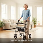 A senior woman demonstrating the perfect fit for her rollator walker, standing tall with correct posture and a slight elbow bend, illustrating how to adjust a rollator for comfort and safety.