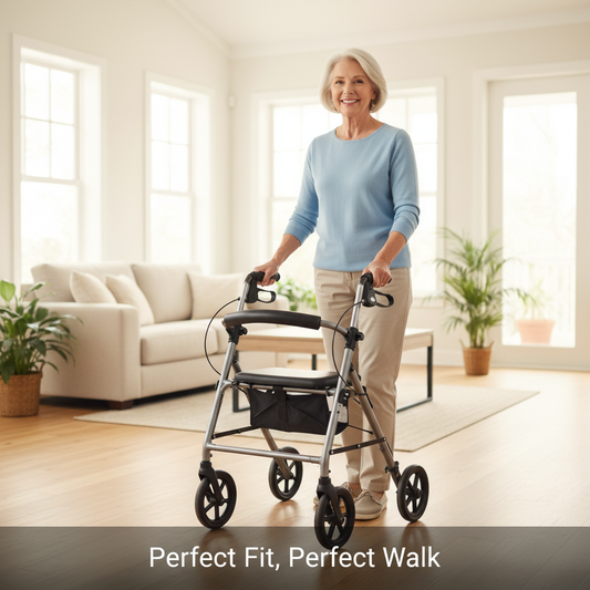 A senior woman demonstrating the perfect fit for her rollator walker, standing tall with correct posture and a slight elbow bend, illustrating how to adjust a rollator for comfort and safety.