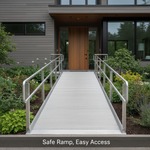 A modern wheelchair ramp leading to a home entrance, with the headline "Safe Ramp, Easy Access." Illustrates how to calculate wheelchair ramp length for safety and accessibility.
