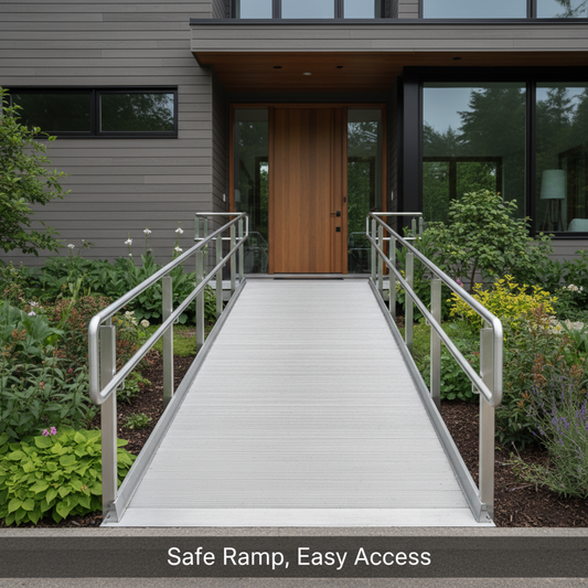 A modern wheelchair ramp leading to a home entrance, with the headline "Safe Ramp, Easy Access." Illustrates how to calculate wheelchair ramp length for safety and accessibility.