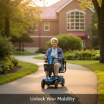A senior woman confidently rides a modern mobility scooter on a sunny Canadian park path, symbolizing independence. Featured image for "How to Choose a Mobility Scooter in Canada: A 5-Step Guide".