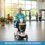 Senior on modern mobility scooter, smiling, on an accessible path. Headline: Unlock Ontario Scooter Funding. Image for "How to Get Government Funding for a Mobility Scooter in Ontario (The Definitive ADP Guide)".