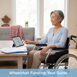 A smiling Canadian senior in a modern wheelchair, looking at documents on a tablet, representing how to get a wheelchair quote for insurance in Canada.