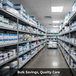 A well-organized medical supply storage area with "Bulk Savings, Quality Care" overlaid. Illustrates "How to Request a Bulk Quote for Your Clinic's Medical Supplies: A Strategic Guide."