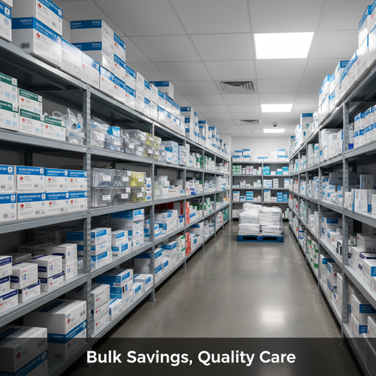 A well-organized medical supply storage area with "Bulk Savings, Quality Care" overlaid. Illustrates "How to Request a Bulk Quote for Your Clinic's Medical Supplies: A Strategic Guide."