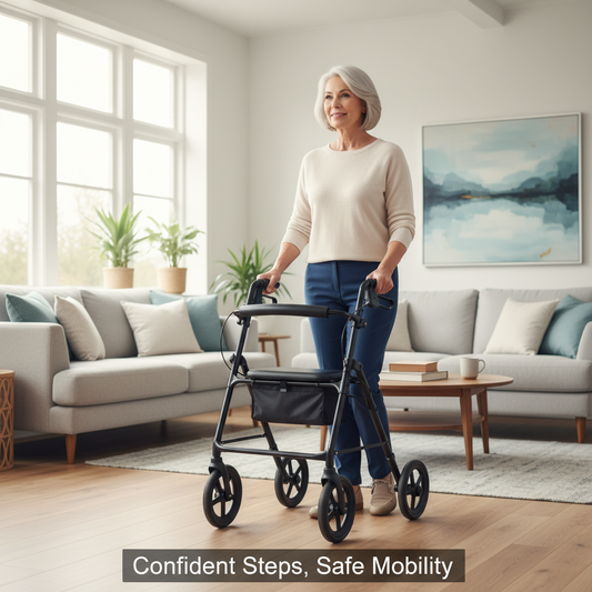 A senior woman confidently walking with a rollator walker in a bright home, demonstrating safe and correct usage as described in "How to Use a Rollator Walker Safely: A Step-by-Step Guide".