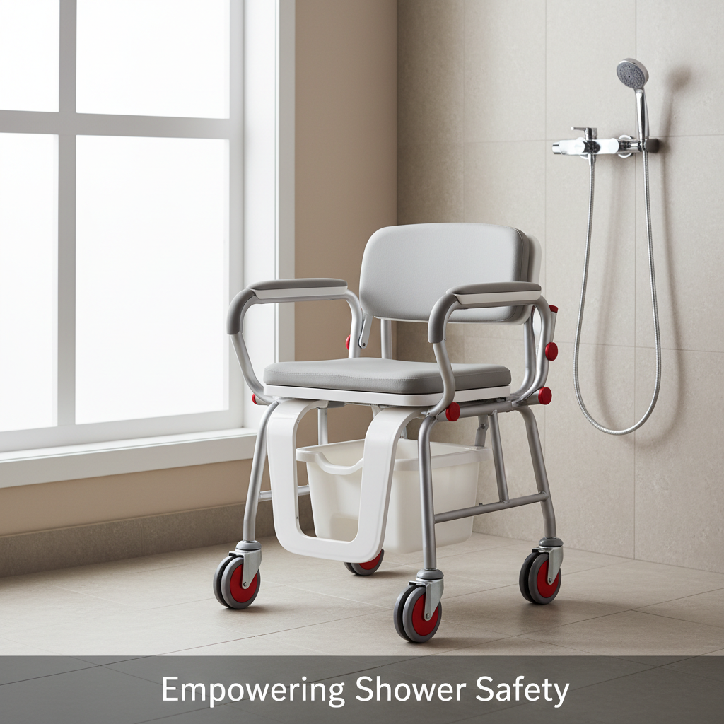 Modern shower commode in a bright, accessible bathroom, highlighting safety features like locking wheels and non-slip design. Illustrates safe use, cleaning, and maintenance for independence and fall prevention. Complete safety guide.