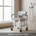 Modern shower commode in a bright, accessible bathroom, highlighting safety features like locking wheels and non-slip design. Illustrates safe use, cleaning, and maintenance for independence and fall prevention. Complete safety guide.