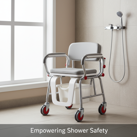 Modern shower commode in a bright, accessible bathroom, highlighting safety features like locking wheels and non-slip design. Illustrates safe use, cleaning, and maintenance for independence and fall prevention. Complete safety guide.