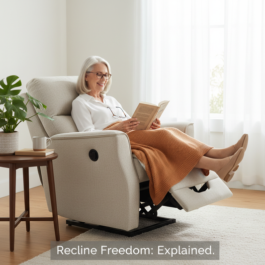 A senior woman relaxes in a modern infinite-position lift chair, legs elevated, demonstrating advanced recline options for comfort and therapy. Headline: Recline Freedom: Explained.