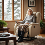 Senior comfortably using a power lift recliner chair in a bright Canadian home living room