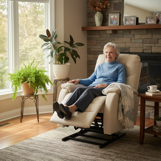 Senior woman comfortably seated in a beige power lift chair recliner in a bright Canadian living room