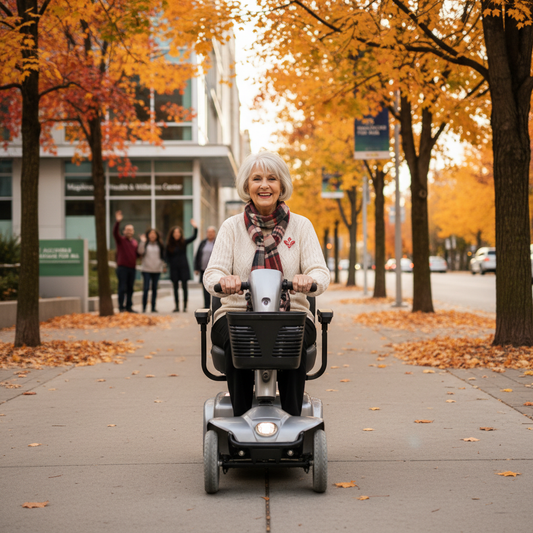 Senior Canadian woman riding a 4-wheel electric mobility scooter on an autumn sidewalk