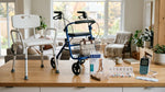 Essential home medical supplies for Canadian seniors including shower chair, walker, compression stockings, and TENS unit