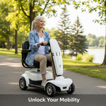 A person on a modern mobility scooter in a Canadian park, with the headline "Unlock Your Mobility". Illustrates mobility scooter funding in Canada and provincial guides.
