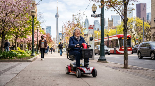 Senior adult riding a modern electric mobility scooter on a Toronto sidewalk in spring
