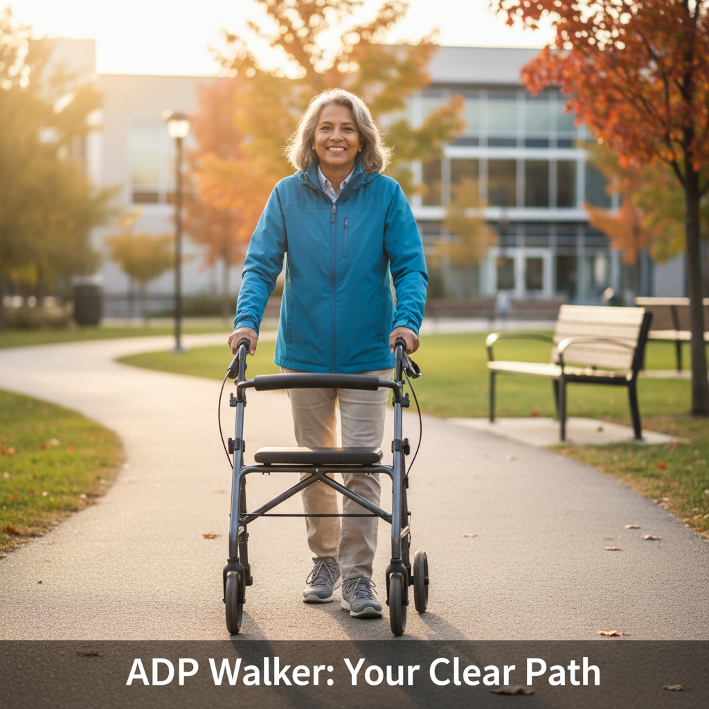 Senior using a modern walker on a clear path, symbolizing ease in navigating ADP for a walker quote in Ontario. Bright, reassuring image.