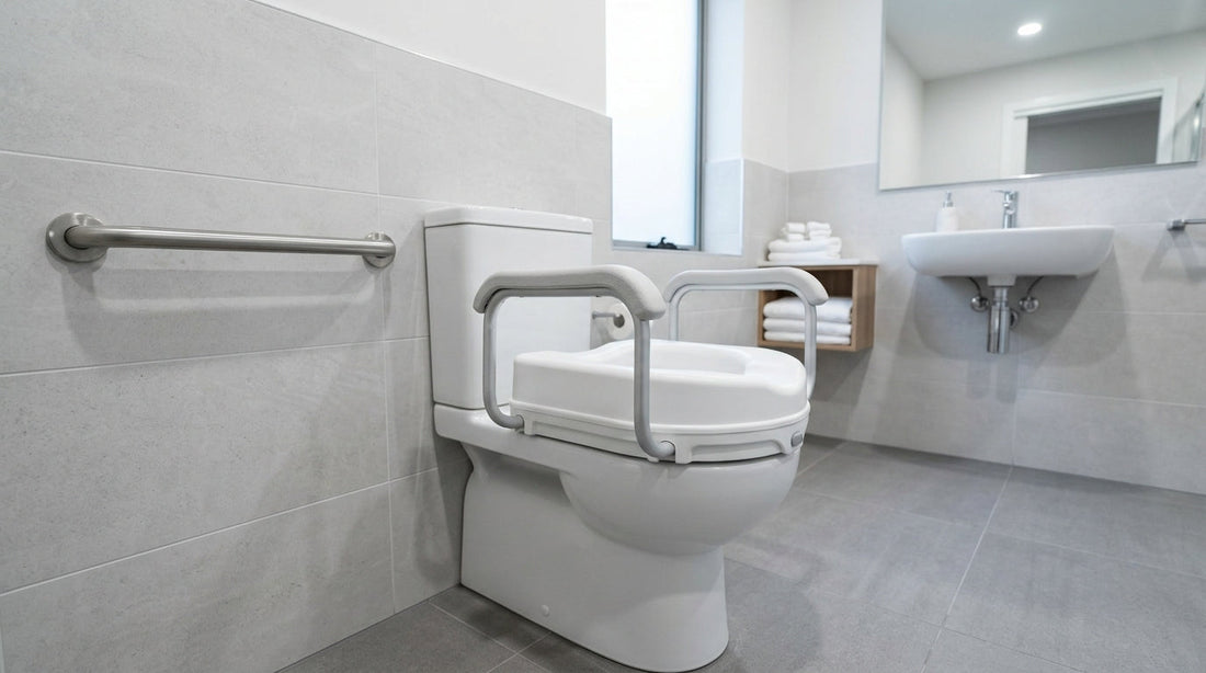 Senior safely using a raised toilet seat with armrests in a clean accessible bathroom