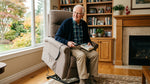 Senior comfortably seated in a power lift chair recliner in a bright Canadian living room