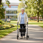 Senior woman using a rollator walker independently in a bright, safe home environment — home health care Canada