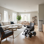 Compact small electric wheelchair in a bright modern Canadian home interior