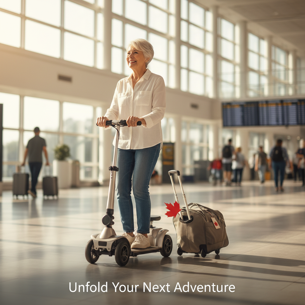 An active senior woman on a modern folding mobility scooter in a sunlit airport terminal, with the headline "Unfold Your Next Adventure." Represents the best folding & travel mobility scooters in Canada for 2024.