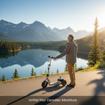 A person with a lightweight folding mobility scooter overlooking a Canadian landscape. Best Lightweight Folding Mobility Scooters for Travel in Canada.