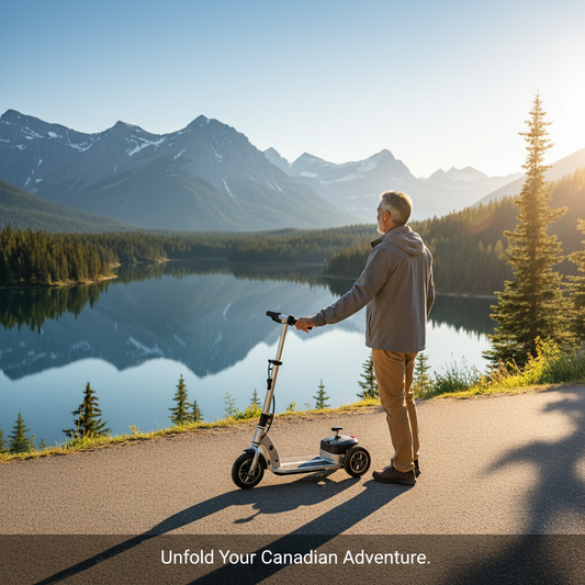 A person with a lightweight folding mobility scooter overlooking a Canadian landscape. Best Lightweight Folding Mobility Scooters for Travel in Canada.