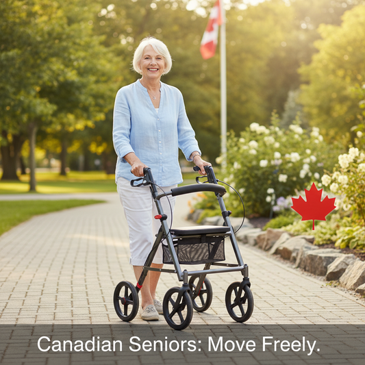 A smiling senior woman confidently walks with a modern 4-wheel rollator in a sunny Canadian park, embodying independence and mobility. The image illustrates "The Best Walkers and Rollators for Seniors in Canada: A 2024 Guide."
