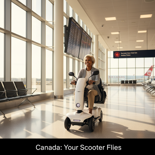 A person on a modern mobility scooter in a bright Canadian airport, ready for airline travel. Headline: Canada: Your Scooter Flies. Guide to flying with a mobility scooter in Canada.