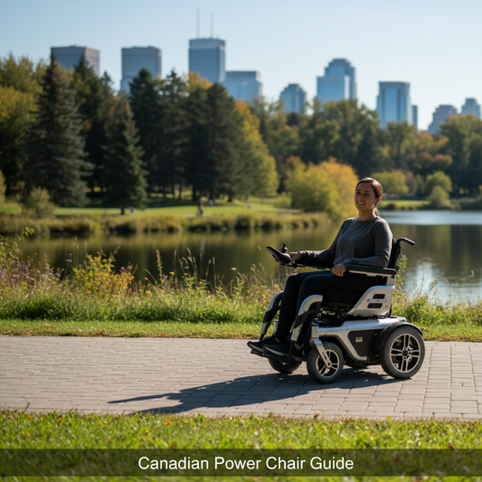 A modern power wheelchair on a path in a Canadian park, with the headline "Canadian Power Chair Guide". Illustrates the complete guide to power wheelchair types in Canada, highlighting independence and accessibility.