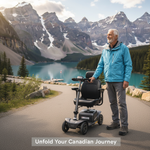 An active senior with a modern folding mobility scooter on a scenic Canadian path, symbolizing freedom and travel. Headline: Unfold Your Canadian Journey.