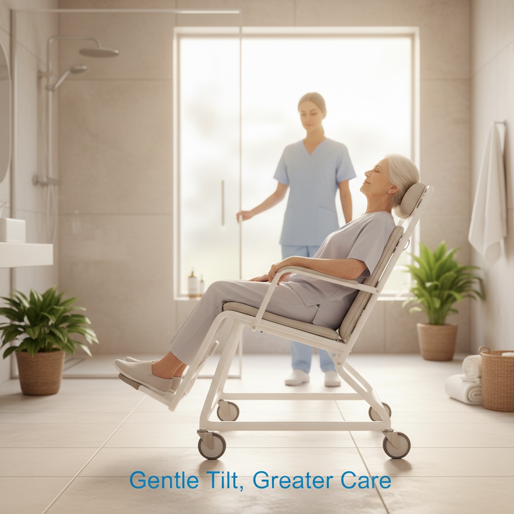 An elderly person comfortably seated in a modern tilting shower commode, with a caregiver nearby, illustrating the benefits of enhanced care and safety. The image highlights the secure and dignified support provided by the commode.