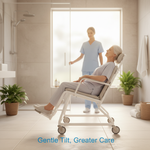 An elderly person comfortably seated in a modern tilting shower commode, with a caregiver nearby, illustrating the benefits of enhanced care and safety. The image highlights the secure and dignified support provided by the commode.