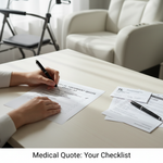Hands reviewing a medical equipment quote checklist on a clean desk, with related documents and a subtle medical device in the background. Visualizing the ultimate checklist for getting a medical equipment quote.