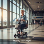 An active senior traveler with a foldable mobility scooter in a bright airport, embodying ease. Image for "The Ultimate Guide to Flying with a Foldable Mobility Scooter in Canada".