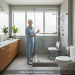 A smiling senior woman in a modern, safe bathroom, holding a grab bar, symbolizing home safety for seniors in Canada. The image highlights independence and comfort through accessible design and fall prevention.