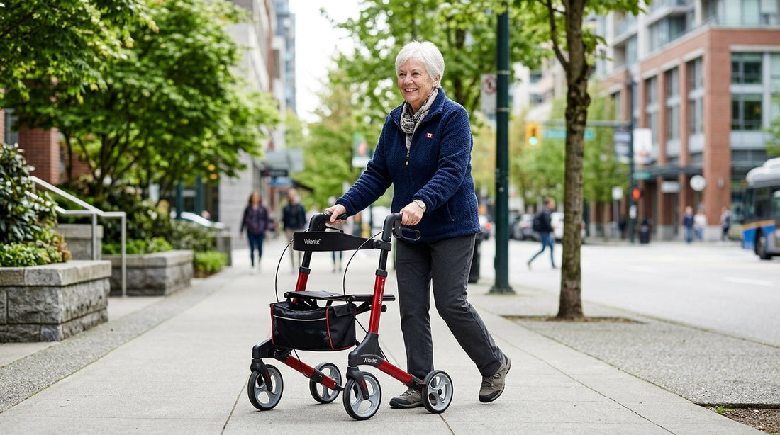 Senior woman walking outdoors with a lightweight rollator walker on a Canadian city sidewalk