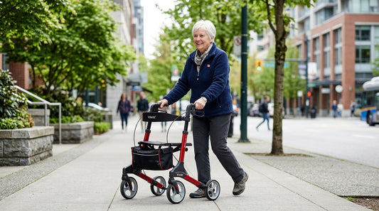 Senior woman walking outdoors with a lightweight rollator walker on a Canadian city sidewalk