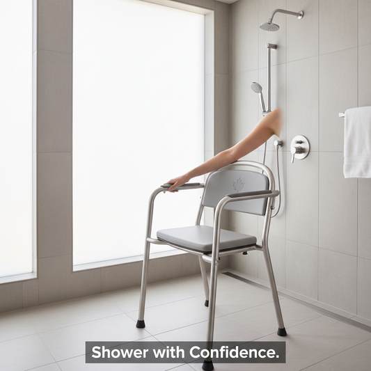 A modern shower commode in a bright, accessible bathroom. The image highlights safety and independence, illustrating "What is a Shower Commode? A Complete Canadian Buyer's Guide."